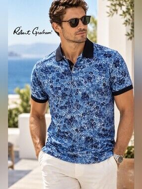 NWT Robert Graham Amaro Blue Tonal Floral Polo Shirt Men's S